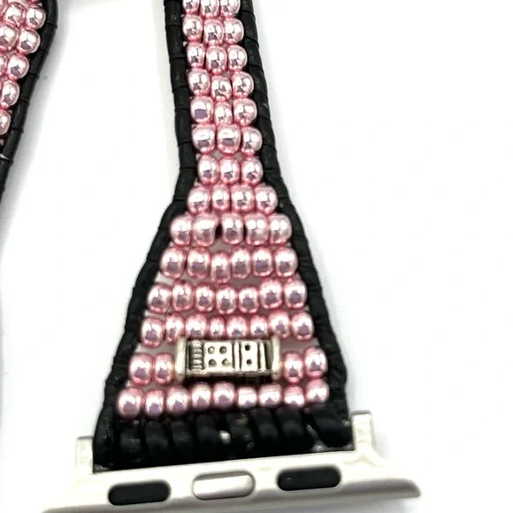 HAND CRAFTED Pink Beaded Leather Apple Watch Strap - Picture 7 of 8